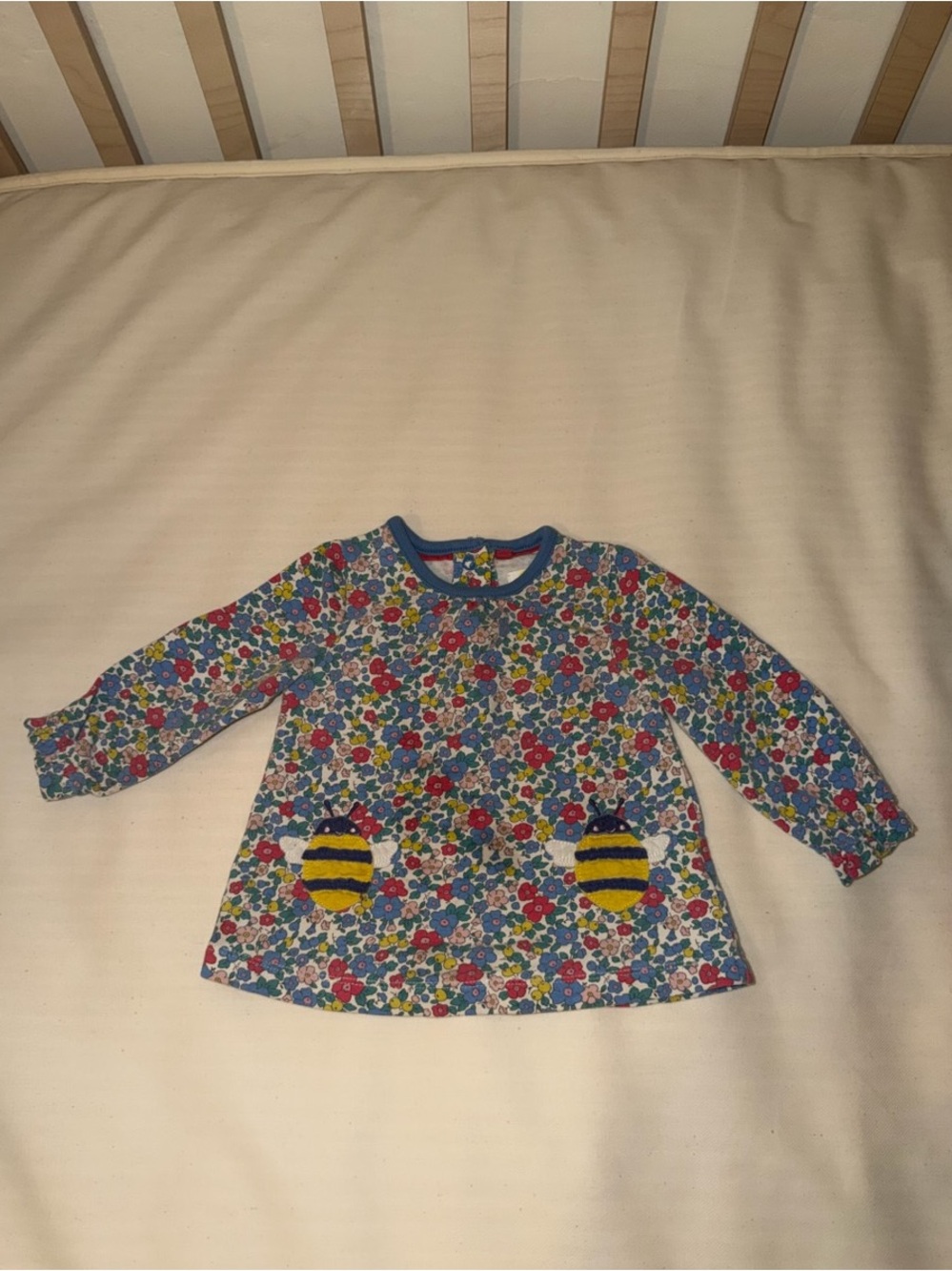 Baby Boden Floral Long Sleeve Top with Blue Trim